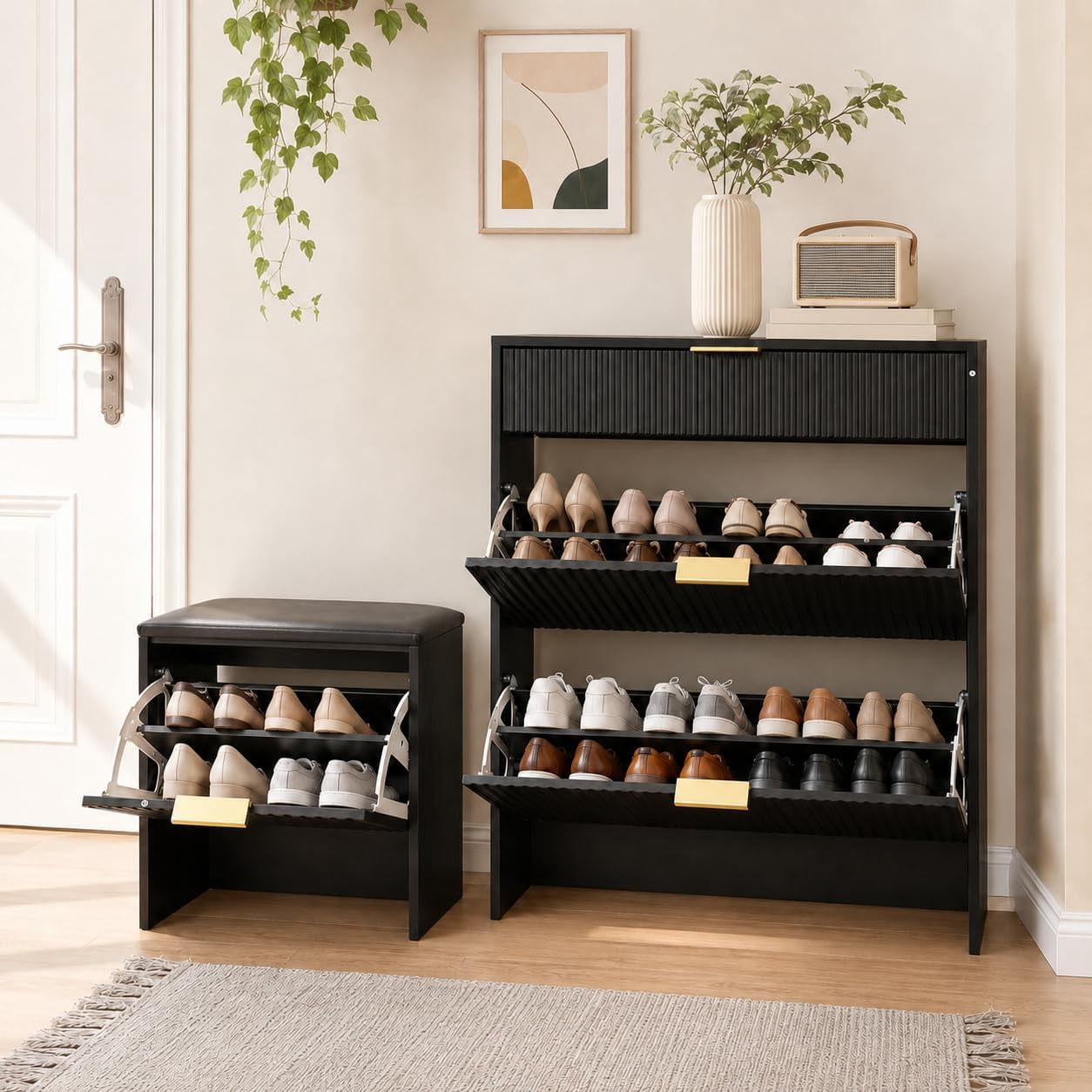 Howcool Fluted Entryway Shoe Cabinet with Upholstered Padded Shoe Bench, Wood Narrow Freestanding Shoe Storage, Black