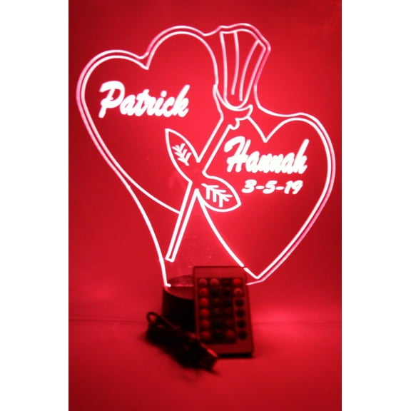 Couple Love Double Hearts with Rose Night Light Up LED Free Engraved Custom Name Personalized Table Lamp Room Decor with Remote, 16 Color Options, Dimmer, It's Wow, Great Valentine's Day Gift