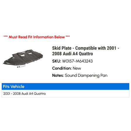 Skid Plate - Compatible with 2001 - 2008 Audi A4 Quattro 2002 2003 2004 2005 2006 2007