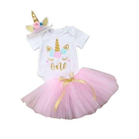 

Karuedoo 3PCS Unicorn Outfit Newborn Baby Girls 1st Birthday Romper+Tutu Skirt Dress+Headband Clothing Set