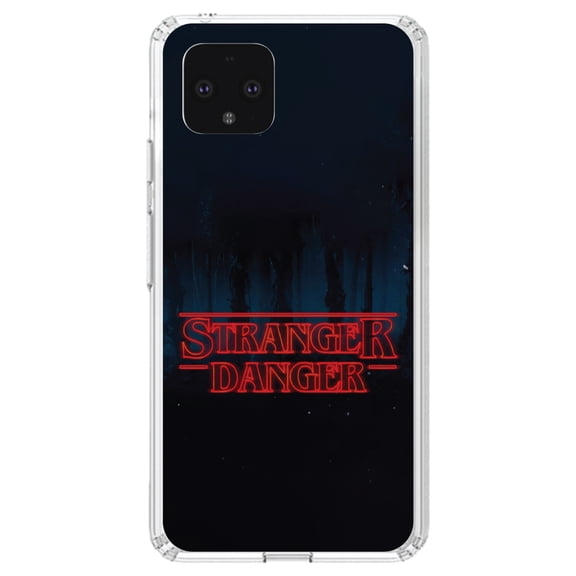 DistinctInk Clear Shockproof Hybrid Case for Google Pixel 4 (5.7" Screen) - TPU Bumper, Acrylic Back, Tempered Glass Screen Protector - Red Forest "Stranger Danger"