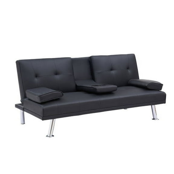 67" Faux Leather Convertible Sofa Bed with Foldable Coffee Table and Armrests – Space-Saving Black Loveseat for Apartments