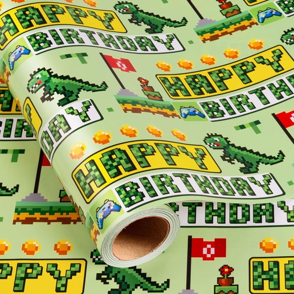Yarcony Birthday Wrapping Paper for Boys – Pixel Dinosaur Gamer Gift Wrap Roll, Happy Birthday Video Game Theme Green Gift Wrapping Paper for Kids Party, Gaming Lover, Holiday (17in x 16.5feet)