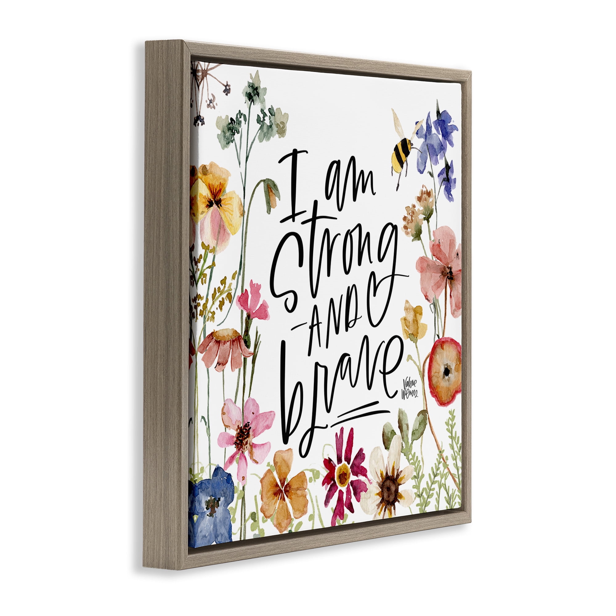 Stupell Industries I Am Strong & Brave Inspirational Botanical & Floral Painting Brown Floater Framed Canvas Art Print Wall Art, 18 x 18