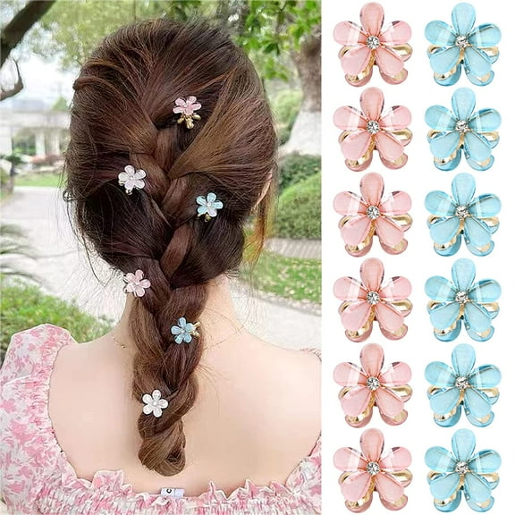 12 Pcs Mini Hair Claw Clips Mini Flower Hair Clips for Women Glitter Clips Rhinestone Hair Clips Metal Clamps Flower Hair Accessories(Pink&Blue)