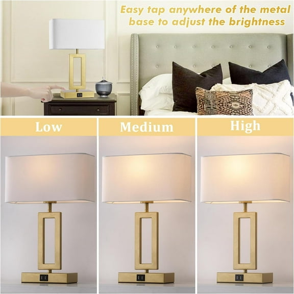Gold Table Lamps Set of 2 with Dual USB Ports, 3-Way Dimmable Touch Control Bedside Lamps for Bedroom and Living Room
