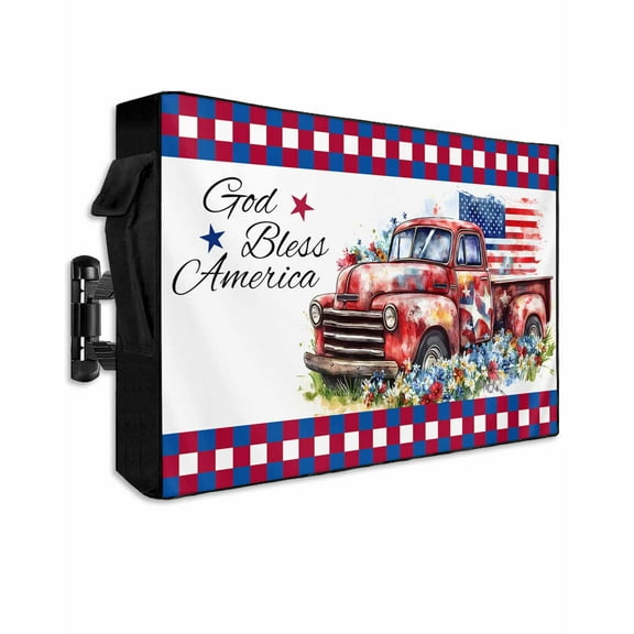 4th of July Outdoor TV Cover 52 to 55 Inch Weatherproof, Red Blue Floral Independence Day Truck 600D Oxford TV Covers with Waterproof Zipper, Outside Flat TV Screen Protector Size 52"W x 19"H x 4.5"D