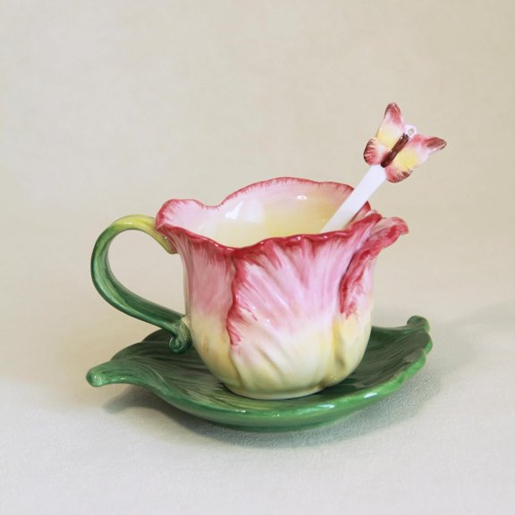 Ceramic Tea Cup and Saucer Set ，6OZ 3D Hand-Painted Flower Coffee Mug，Gift for Women -Pink Tulip