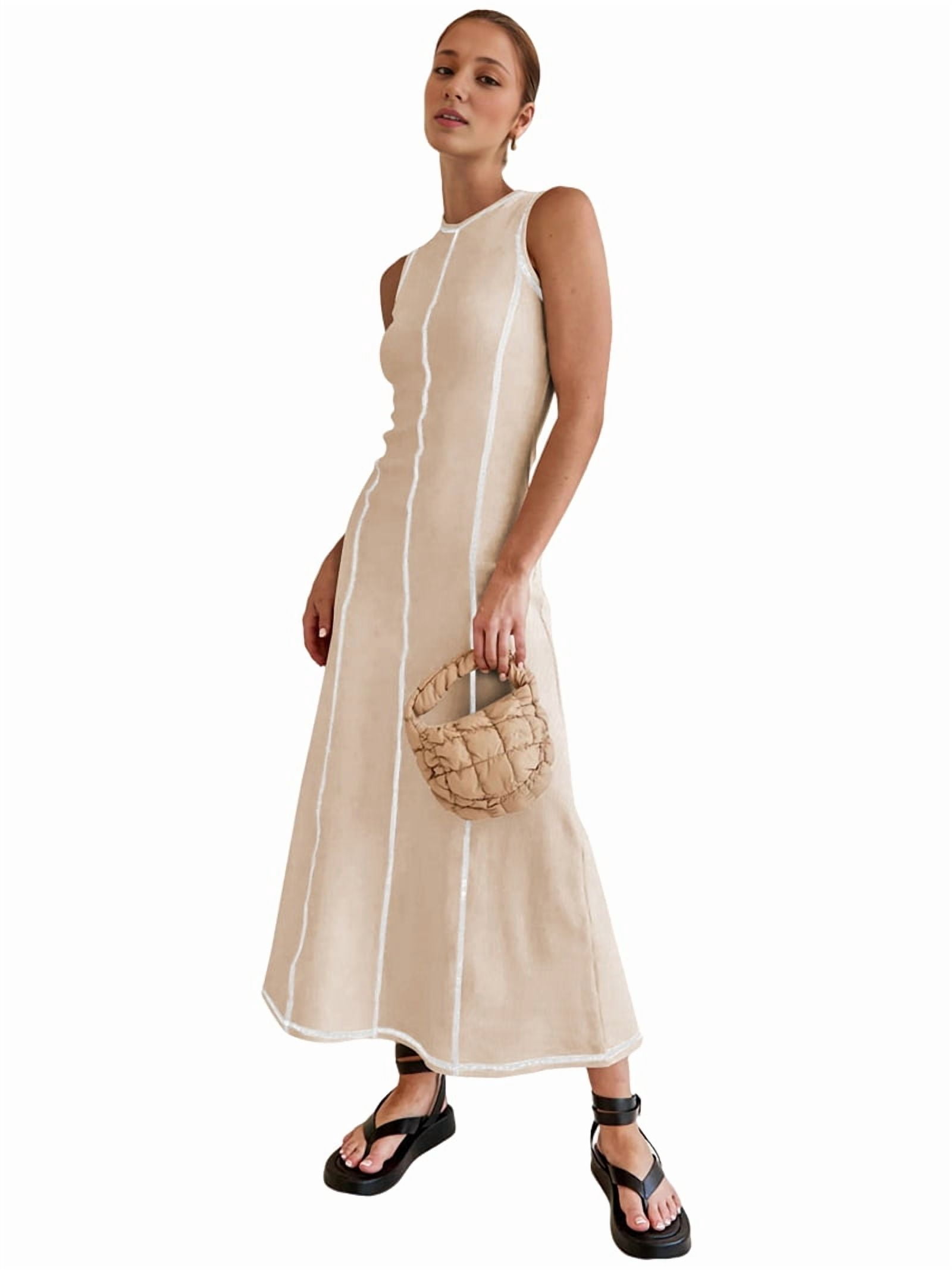 Womens Sleeveless T Shirt Dress Summer Contrast Ribbed Knit Tank Maxi Dresses Beige L