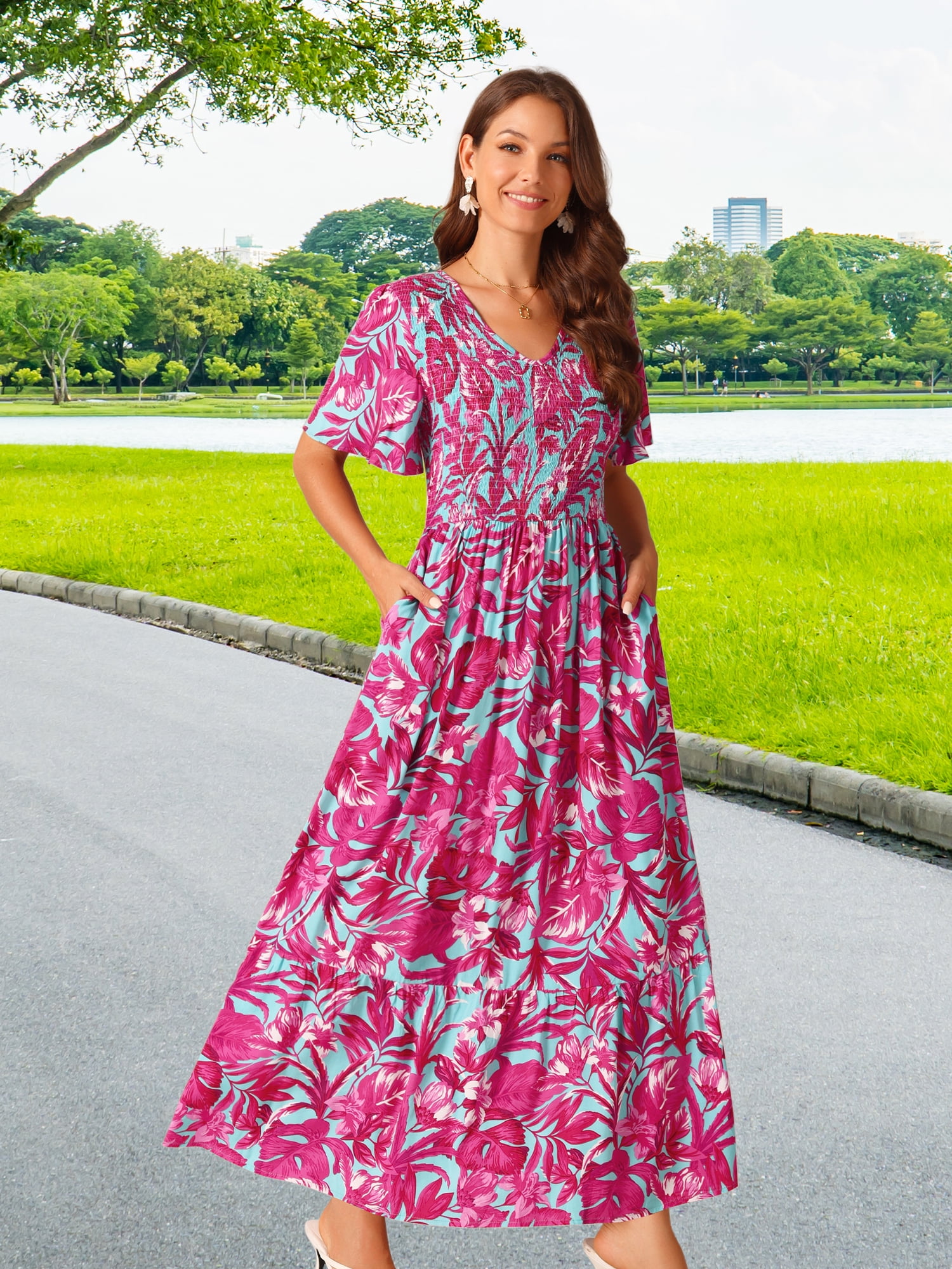 DARING DIVA Women's Floral Short Flutter Sleeve Flowy Maxi Dresses M Hot Pink