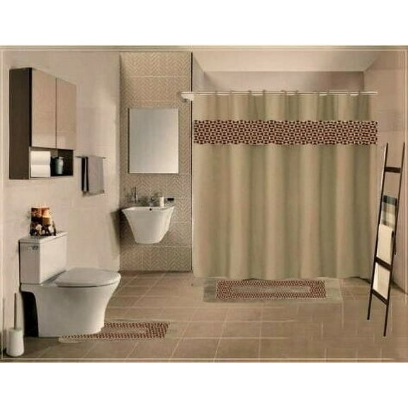 Fresco Bathroom Essentials Non Slip Bath Rugs and Shower Curtain Modern Print Taupe Chenille Polyester 72 x 72 Inch Machine Washable 19 Count