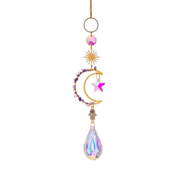 Glass & Brass Moon Star Pendant Decorations Hanging Suncatchers with Chips Artificial Agate for Home Decoration Dark Violet 400~430mm