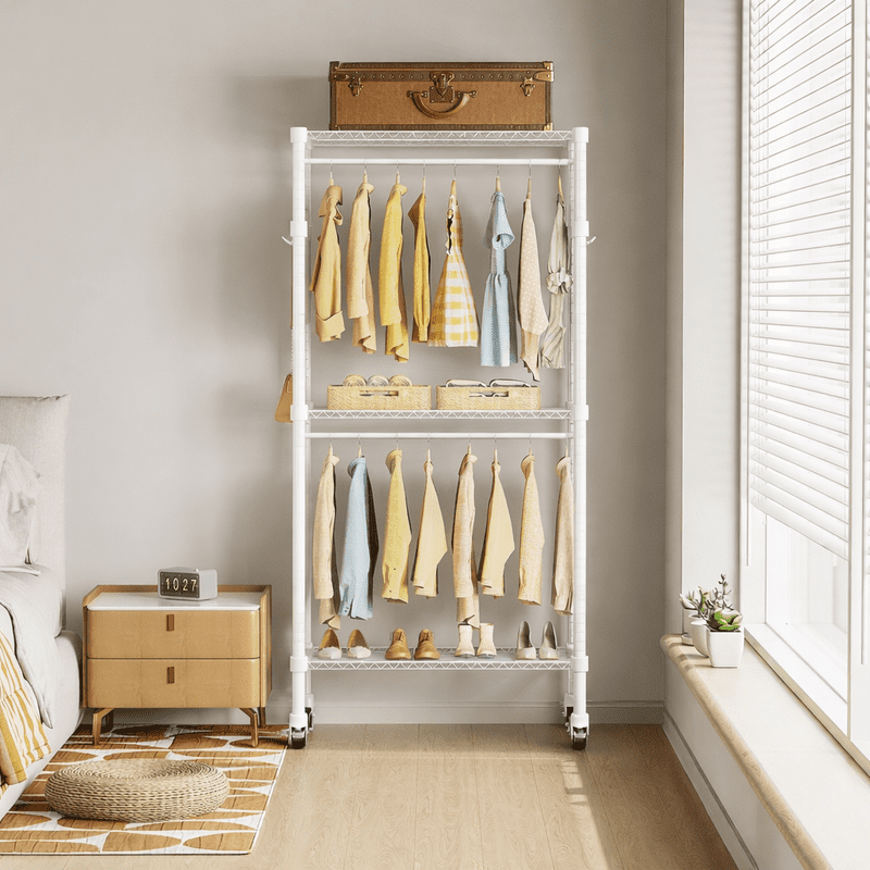 Simple Deluxe Rolling Clothes Rack, Heavy Duty Clothing Rack, 3-Shelf Portable Adjustable Wardrobe Closet with Wheels, Hanging Rods & Side Hooks, 29.5" W x 15.7" D x 75.6" H, White