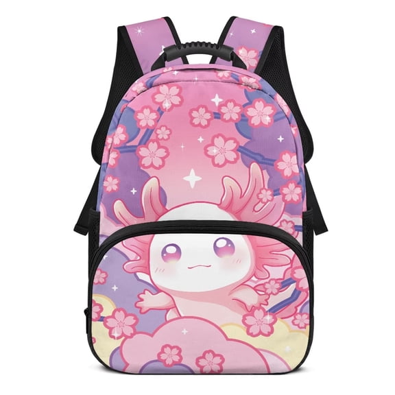 Pzuqiu Kids Backpack for Students Ages 6-18 Cute Cherry Blossom Axolotl Print 17 Inch Large Capacity Scholbag for Preschool Elementary Middle High School Back to School Travel Use