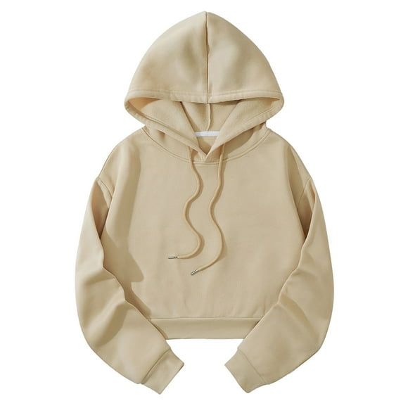 Fgnfyis Women Casual Solid Hooded Loose Sweatshirt Strap Split Long Sleeve Crop Top Hoodies for Women Beige L
