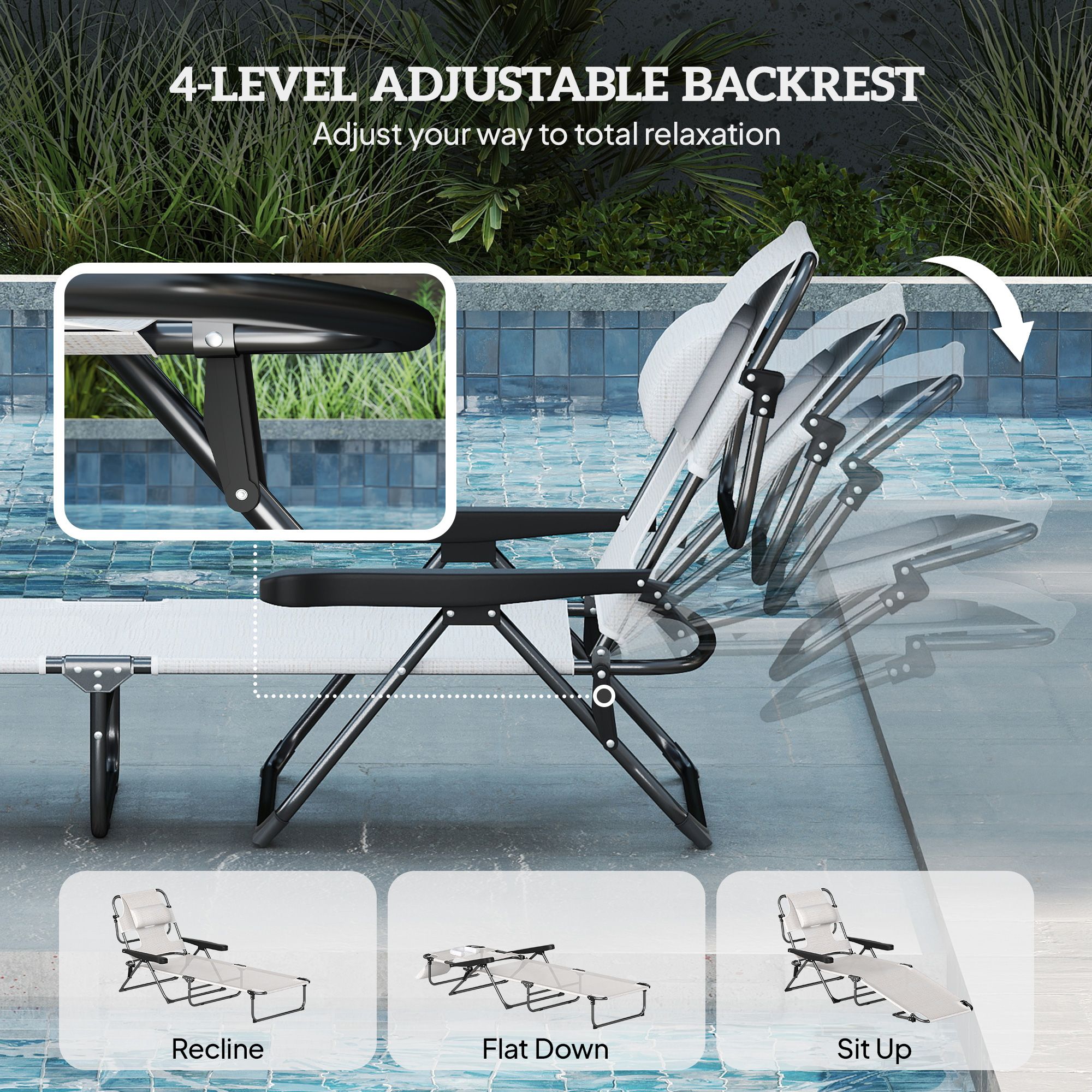 Folding Tanning Chaise Lounge Chair with Face Hole & Pillow, 4-Position Reclining Mesh Sun Lounger, Powder Coated Steel 264lbs Capacity Portable Outdoor Beach Pool Patio Chair Black Cream White