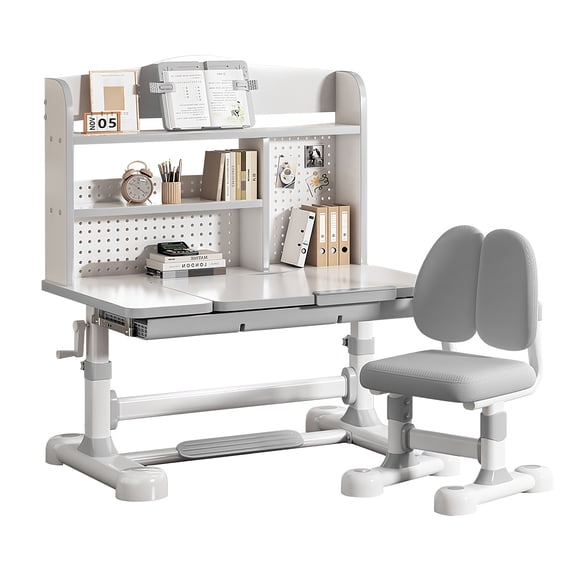 Koiauber Height Adjustable Ergonomic Learning Table with Tiltable Desktop,Large Storage Drawer,Bookshelf,Hand-Cranked Lift,Sturdy Student Workstation