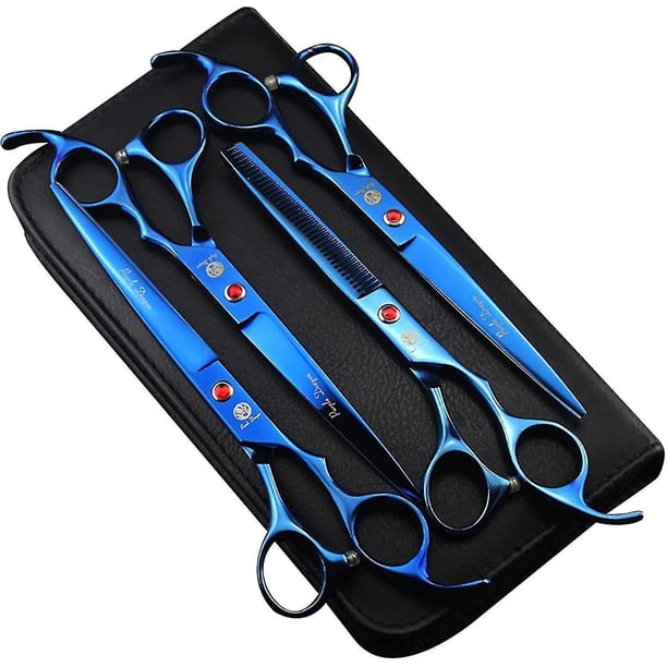 Purple Dragon Professional 7.0 pulgadas 4 piezas Kit de tijeras de aseo para mascotas Acero japonés Premium Hoja recta, curva y adelgazante Tijeras para cortar el pelo de perros Se