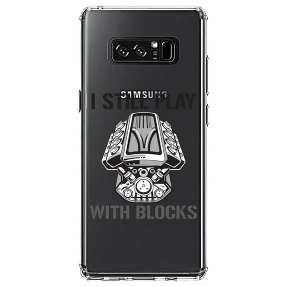 DistinctInk Clear Shockproof Hybrid Case for Samsung Galaxy Note 8 - TPU Bumper Acrylic Back Tempered Glass Screen Protector - I Still Play with Blocks - Cars