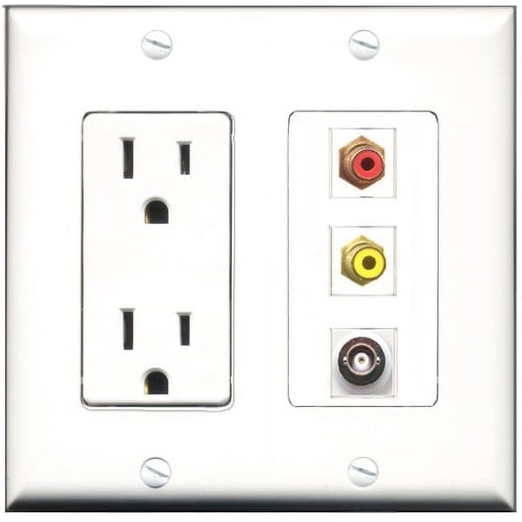 RiteAV - 15 Amp Power Outlet 1 Port RCA Red 1 Port RCA Yellow 1 Port BNC Decorative Wall Plate