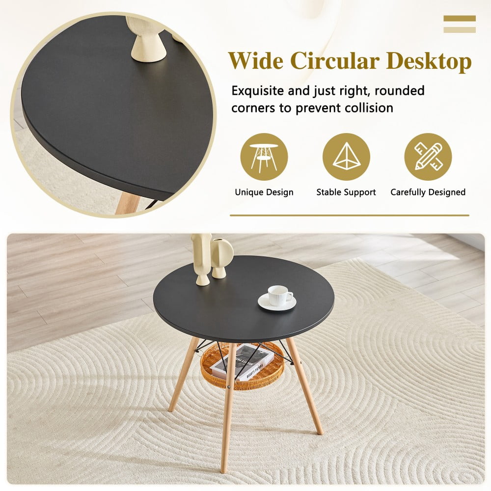 31.5" Round Dining Table, Black MDF Vacuum-Formed Tabletop with Solid Wood Legs, Woven Storage Basket, Modern Kitchen Table for 2-4
