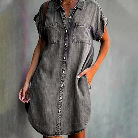 

Women s Denim Button Down Shirt Dresses Casual Spread Collar Short Sleeve Mini Dress