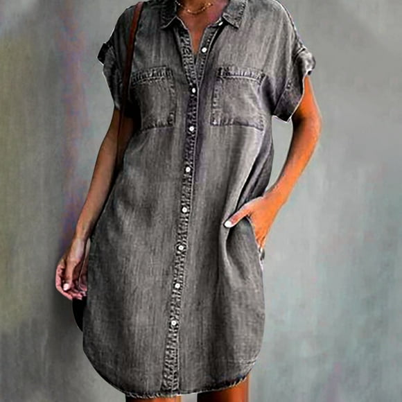 zanvin summer dress for women on clearance, Women's Dress Fashion Short Sleeve Slim Solid Color Imitation Denim Dress ,daughter gifts,Gray