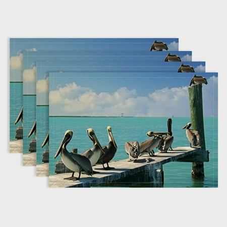 

BCIIG Landscape Place Mats Set of 4 Tropical Sea View Exotic Birds Pelicans Caribbean Beach Tranquil Photo Washable Fabric Placemats for Dining Table 18x12in