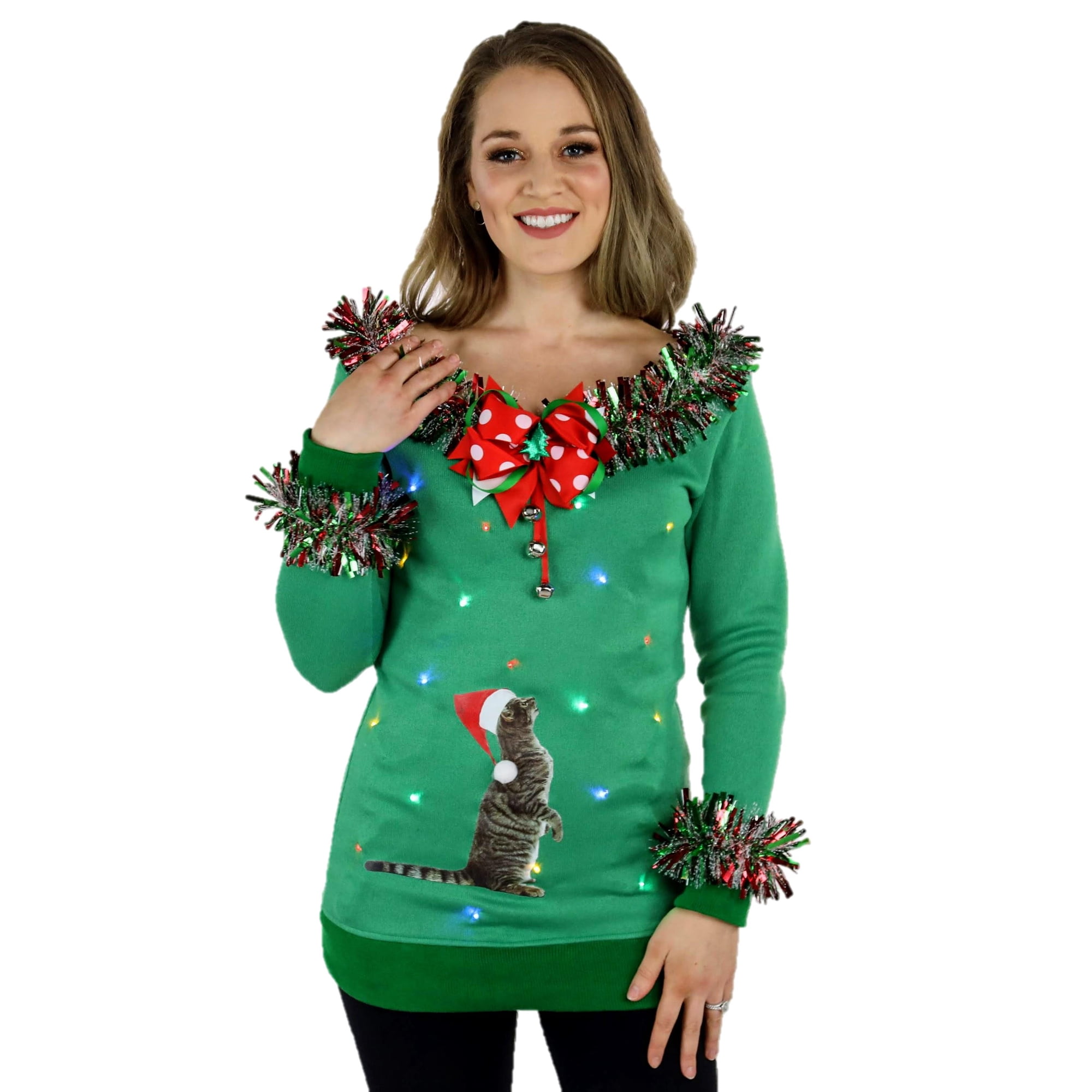 Women's Cat Ugly Christmas Sweater With Lights - Walmart.com