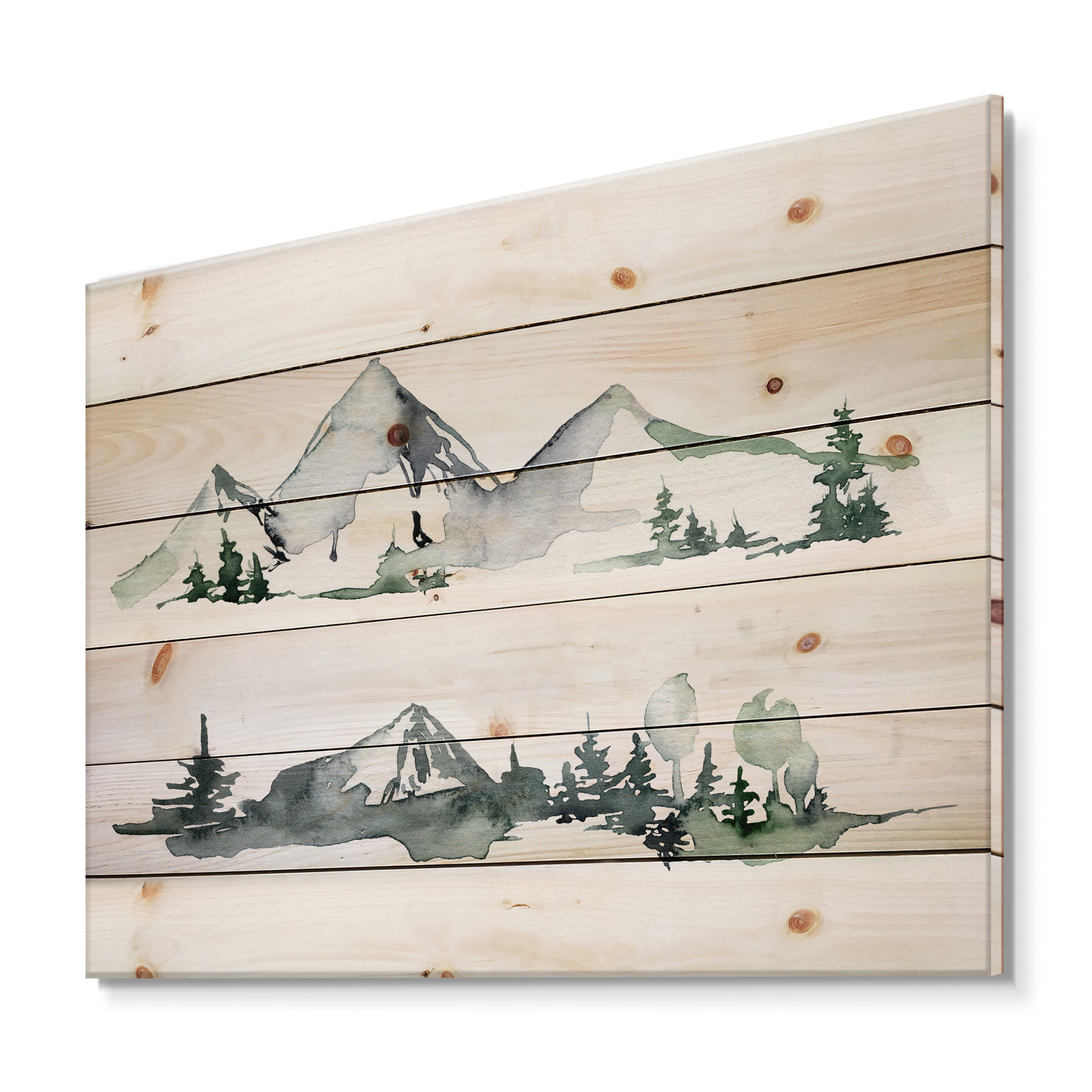 Designart 'Trees With Winter Dark Blue Mountain Landscape II' Modern Print on Natural Pine Wood