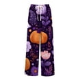 thumbnail image 6 of WTOBBY Women's Seasonal Casual Halloween Print Elastic Waist Drawstring Pocket Wide Leg Trousers with Festive Patterns for Fun Fall Outfits and Comfortable Wear,Dark Purple M, 6 of 6