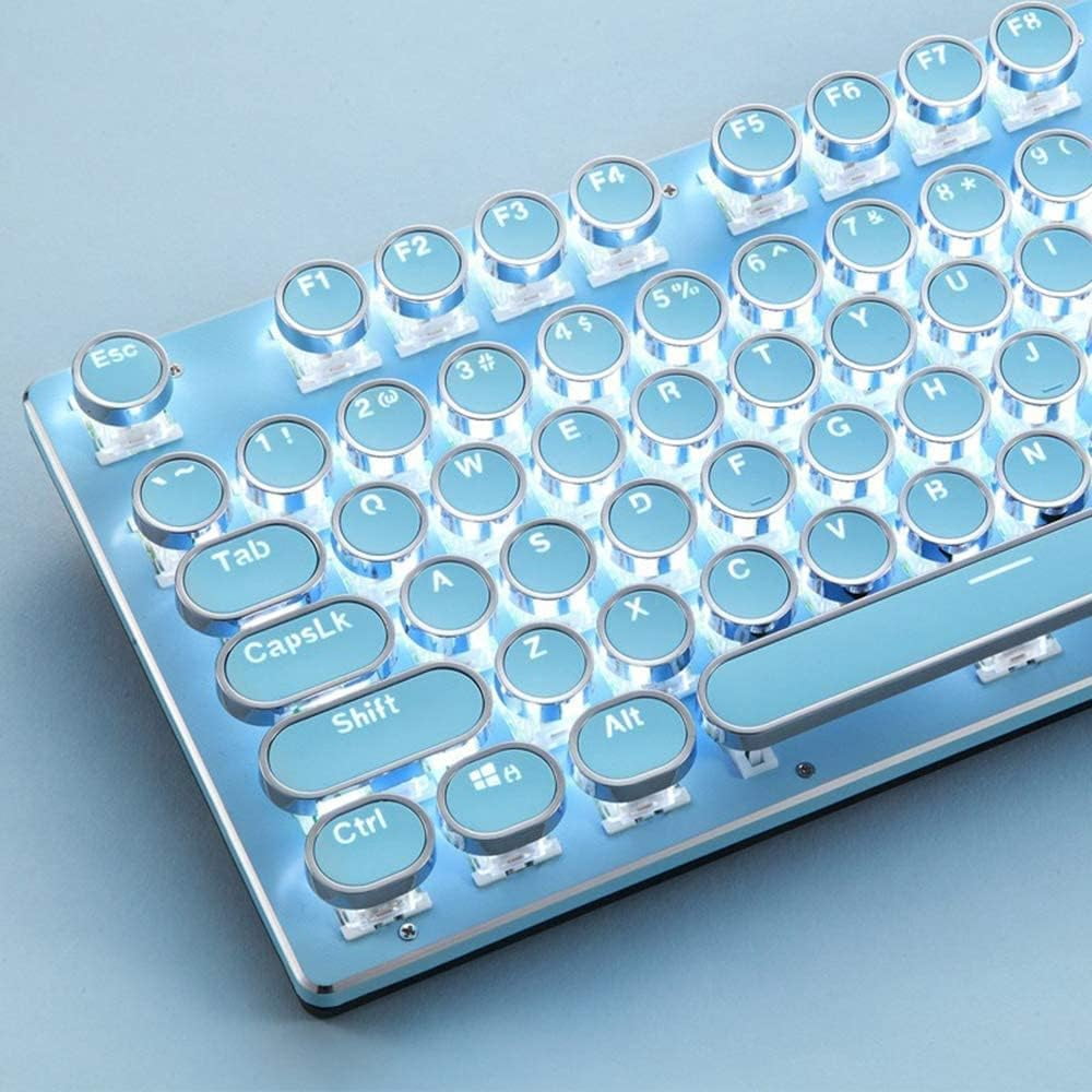 Vintage Mechanical Gaming Keyboard with LED Backlit, 104-Key Anti-Ghosting Blue Switch, USB Wired Metal Panel and Round Keycaps