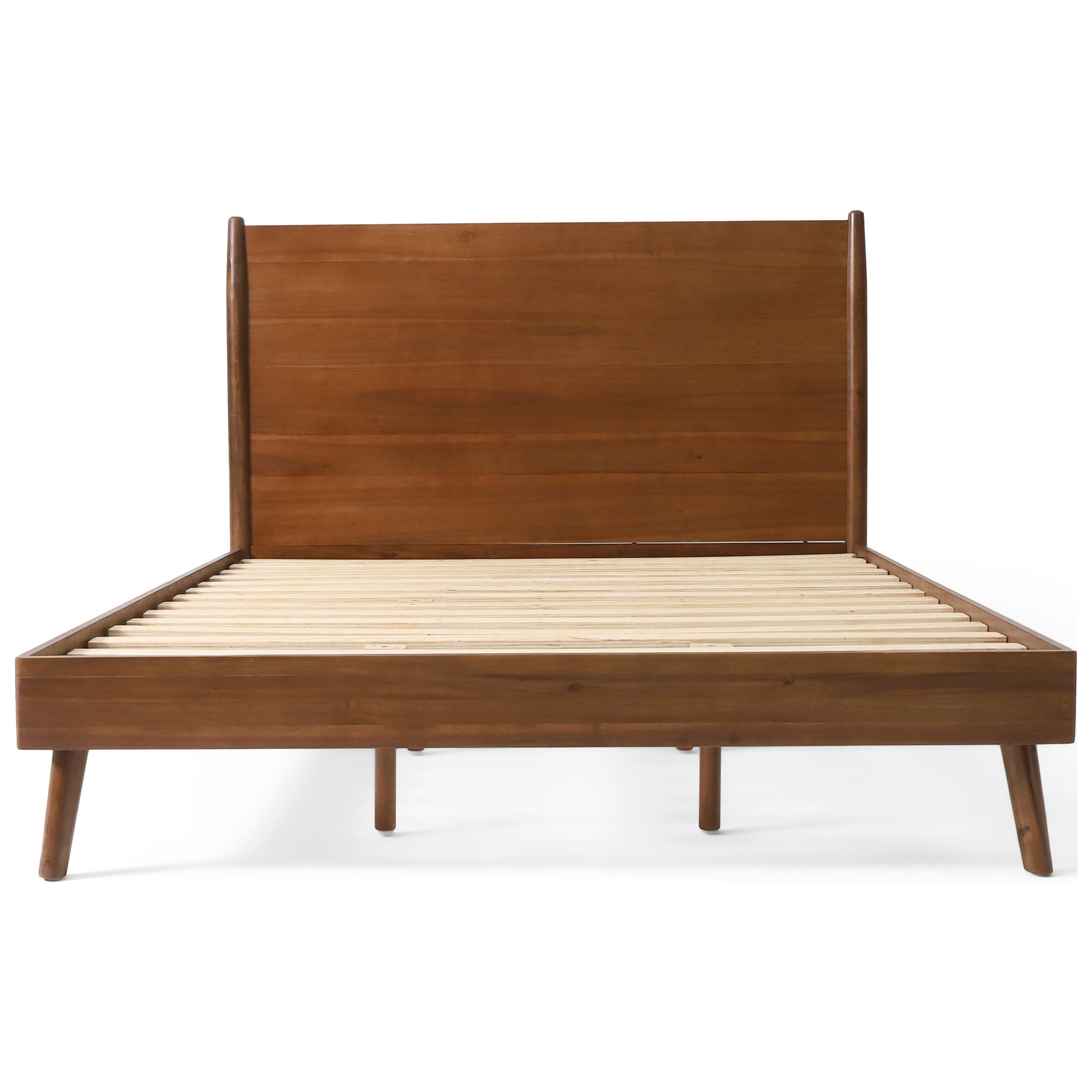 Mintazer Queen Platform Bed Frame, Mid-Century Bed with Panel Headboard & Splayed Legs, No Box Spring Required, Brown