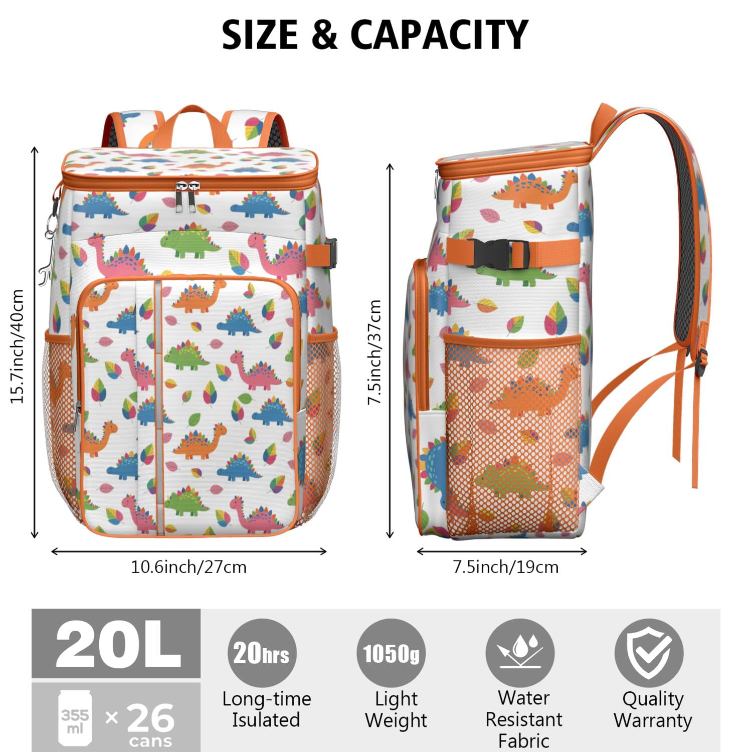 Travel Cooler Bag - White Dinosaurs Colorful Leaves Pattern Camping Beer Cooler Backpack with Bottle Opener- Waterproof Insulated Picnic Backpacks - Cooler Bag for Beach
