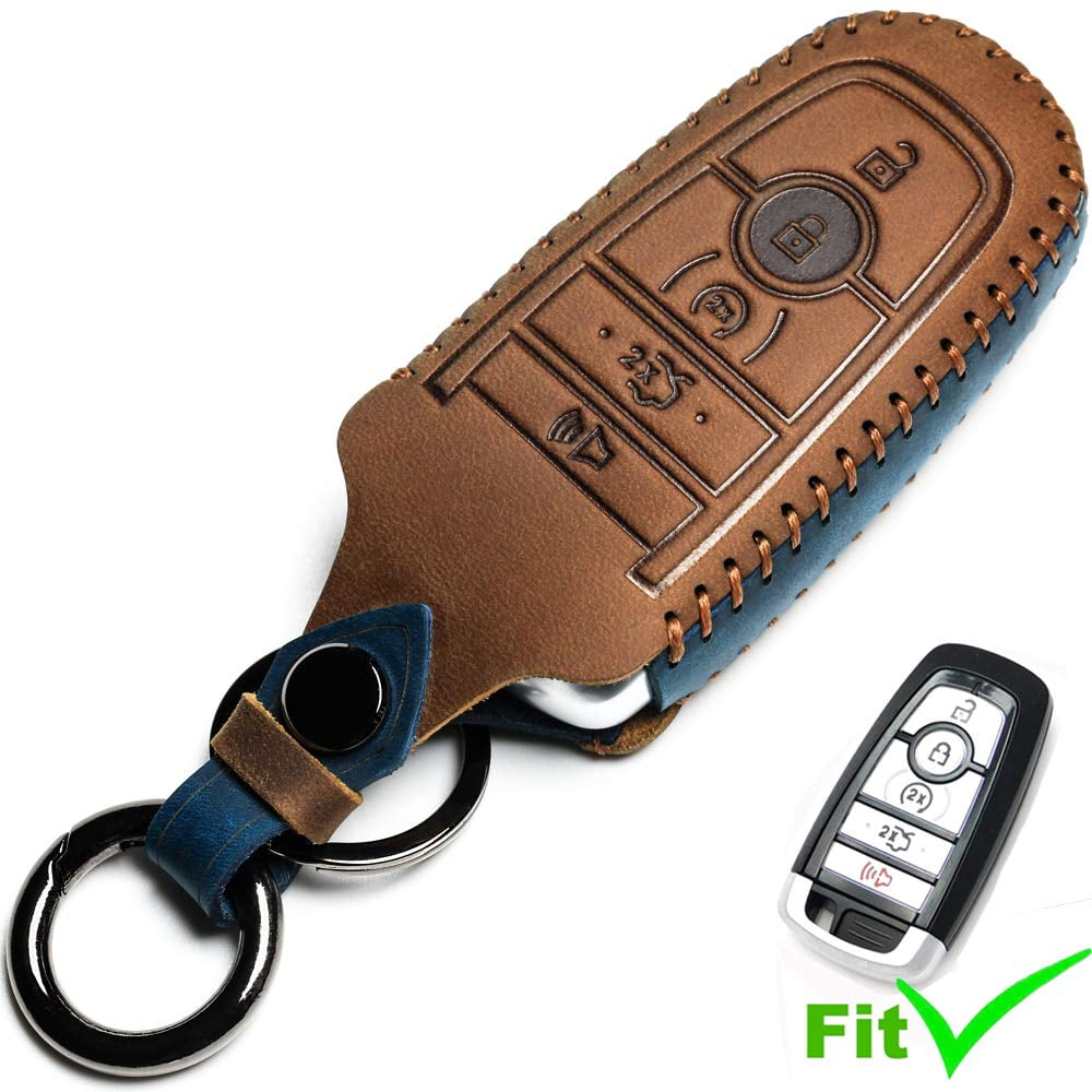 Leather Car Key Fob Cover Fit for Ford F-150 Mustang Remote Keyless Entry Car Smart Key Sleeve 5 Buttons