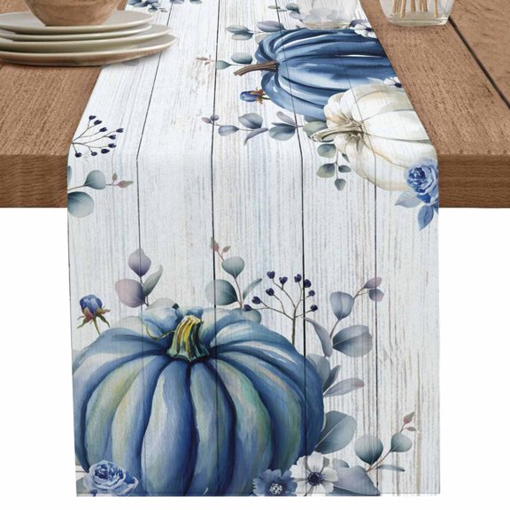 nqOlkjepod Blue Pumpkins Fall Table Runner 48 Inches Long Farmhouse Dress Scarves, Thanksgiving Eucalyptus Leaves Vintage Dining Tablerunner for Coffee Table/Kitchen Island/Party Décor, 13" x 48"