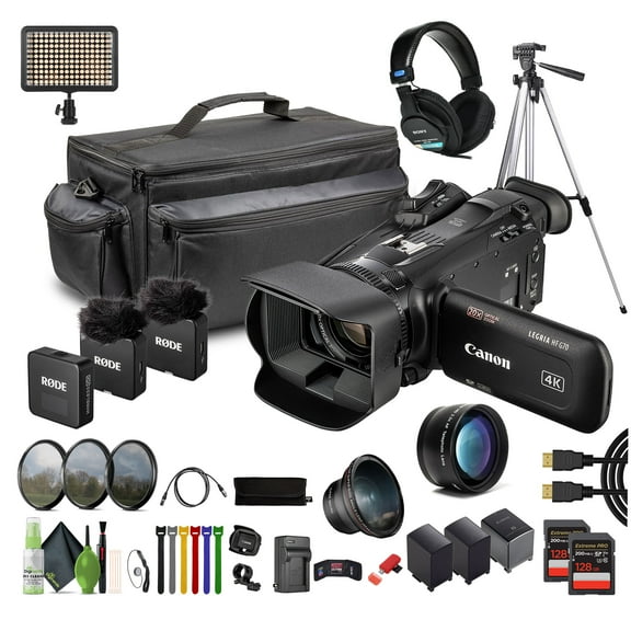 Canon LEGRIA HF G70 PAL 4K UHD Camcorder Bundle with 2x 128GB Cards, Stereo Headphones, Tripod, Cleaning Kit, LED Light, Wireless Mic (International Model)