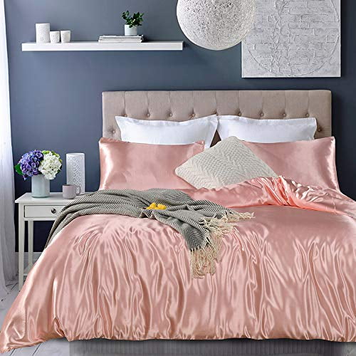 Pink Bedding Silk Like Satin Girls Duvet Cover Set Solid Color Quilt Cover Light Pink Bedding