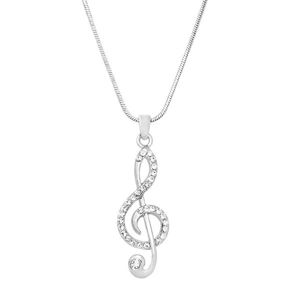 Musical Note Pendant Necklace Clear Rhinestone Crystal Rhodium Plated 17 Inch Snake Chain J0253-CR