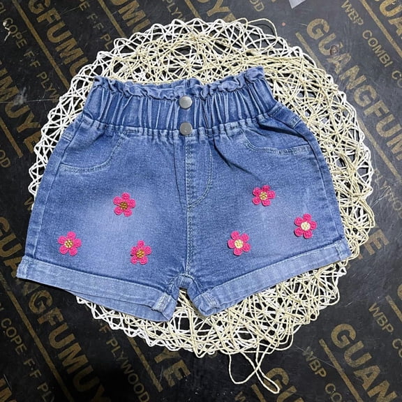 Girl's Denim Shorts Floral Embroidery Elastic High Waist Jean Shorts with Pockets
