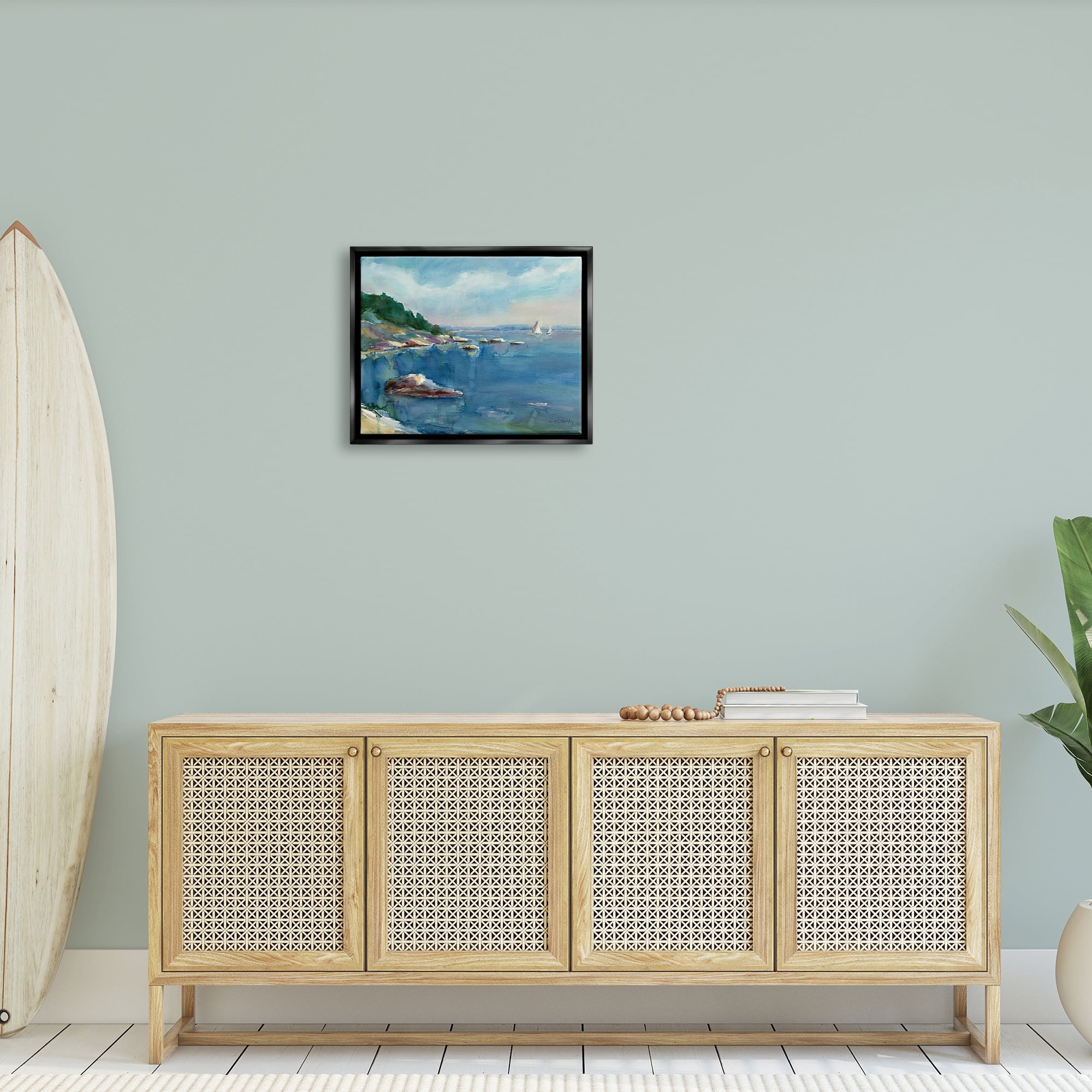 Stupell Industries Boats Floating Rocky Beach Cliffs Watercolor Detail Painting Metallic Gold Floating Framed Canvas Print Wall Art, Design by Stephen Calcasola