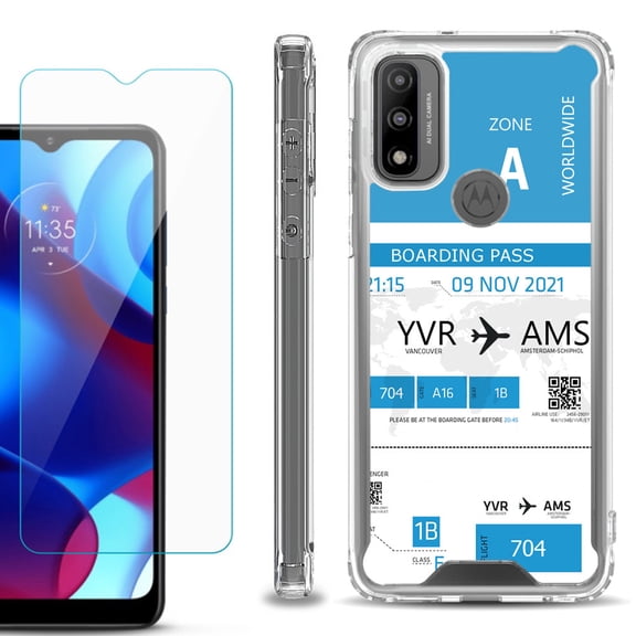 Shockproof Bumper Phone Case for Motorola Moto G Pure, with Tempered Glass Screen Protector, by OneToughShield ® - Boarding Pass