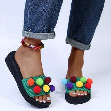 

AXXD Sandals Women Sandals Wedge Heel Outer Wear Colorful Balls Easy To Put On And Take Off Slippers Home Shoes(6.5 Green)