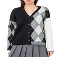 thumbnail image 2 of Vintage Diamond Pattern Loose Fit Long Sleeve V Neck Cardigan, 2 of 9