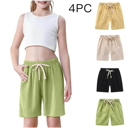 AHTJRT 4 Pack Workout Linen Shorts for Kids Spring Lightweight Breathable Gym Running Linen Shorts Elastic Waist Drawstrings Capri Pants Yellow#03 2-3 Years
