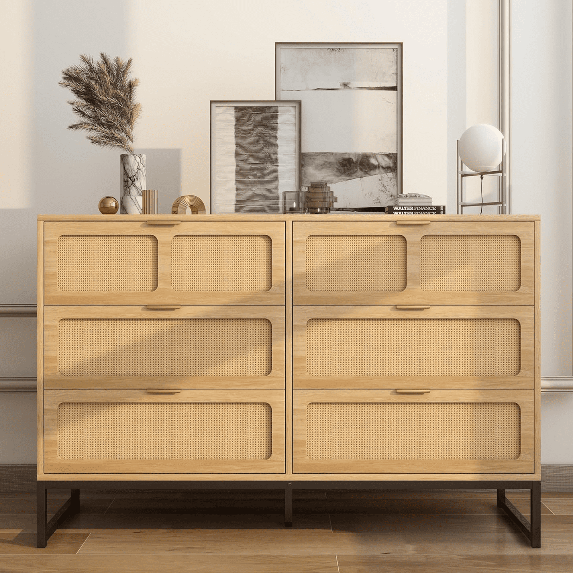6 Drawer Double Dresser, Rattan Chest of Drawers, Wood Storage Chest for Bedroom Living Room