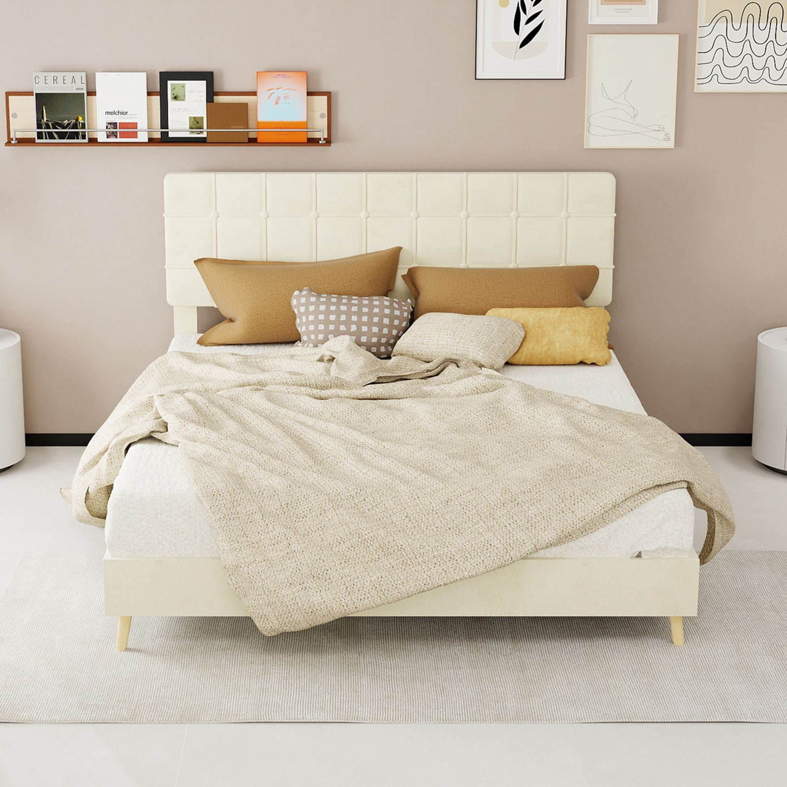 Alvantor Queen Size Upholstered Bed Frame with Padded Headboard Beige