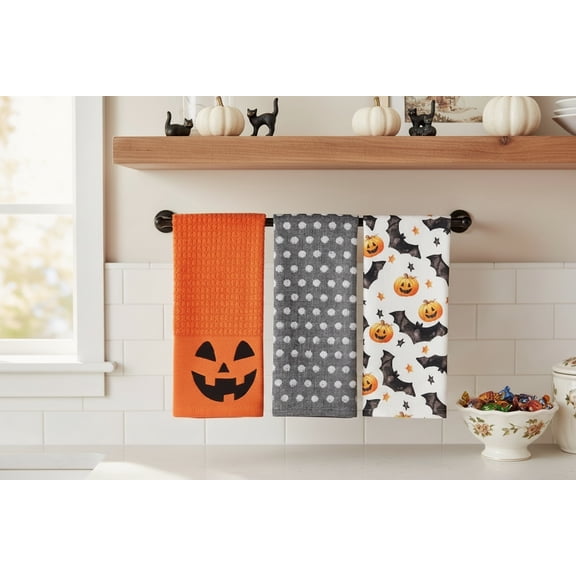 Serafina Home Haunted Halloween Kitchen Hand Dish Towel Set: Jack O' Lantern Orange Terry Loop, Raised White Dot Terry Loop, Printed Bat Pumpkin Designs, 100% Cotton Towels, 3 Pc Set