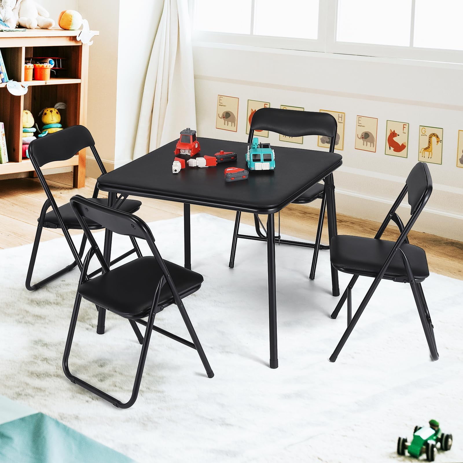 Folding Card Table and Chair Set of 5, Upholstered Foldable Table and Chair Set, Portable Metal Frame Children's Activity Table and Chairs Set for Eating, Reading, Playing, Black