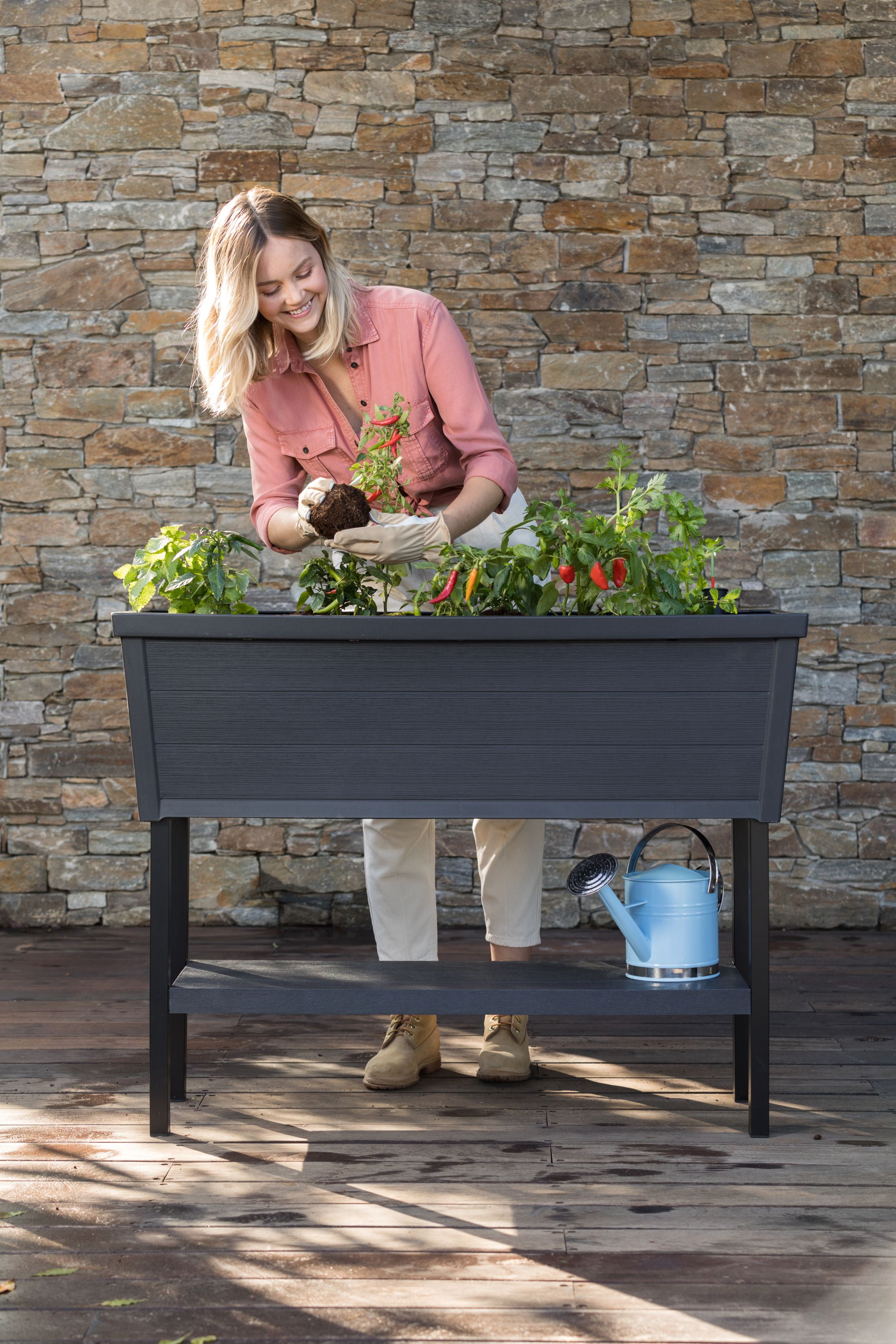 Keter Alfresco Garden Bed 44" x 18" x 33" Durable Wood-Look Raised Garden Bed with Self-Watering and Drainage System Kit, Gray